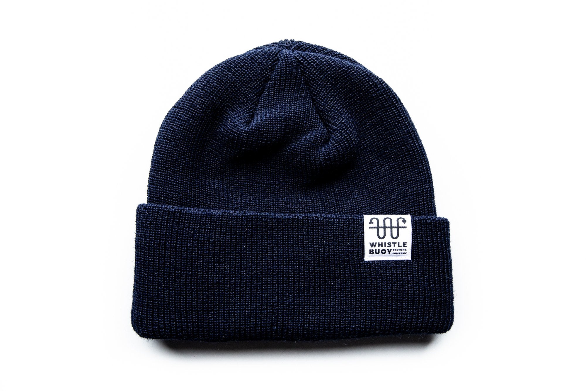 Whistle Buoy merino blend toque with white logo in blue